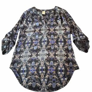 Faded Glory Semi Sheer Blouse with gold embroidery 3/4 sleeve for Spring
